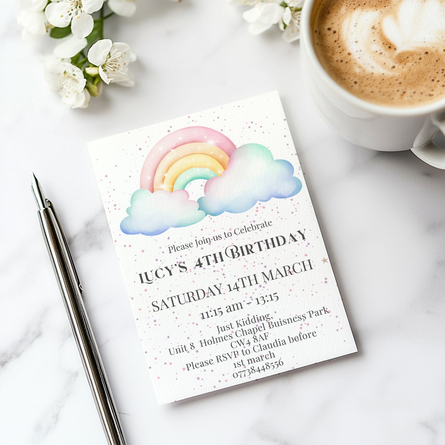 Personalised Rainbow birthday party invitations,  pastel colour  12 personalised invitations  includes envelopes