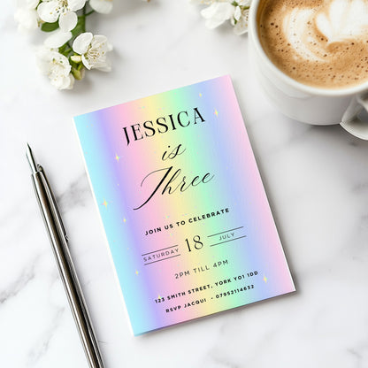 Rainbow birthday party invitations,  pastel colour  12 personalised invitations  includes envelopes