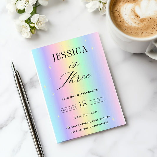 Rainbow birthday party invitations,  pastel colour  12 personalised invitations  includes envelopes