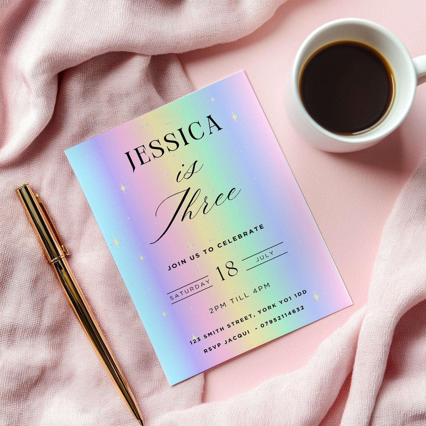 Rainbow birthday party invitations,  pastel colour  12 personalised invitations  includes envelopes