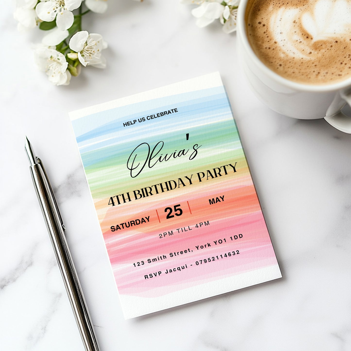 Rainbow pastel  party invitations,  pastel colour  12 personalised invitations  includes envelopes (Copy)