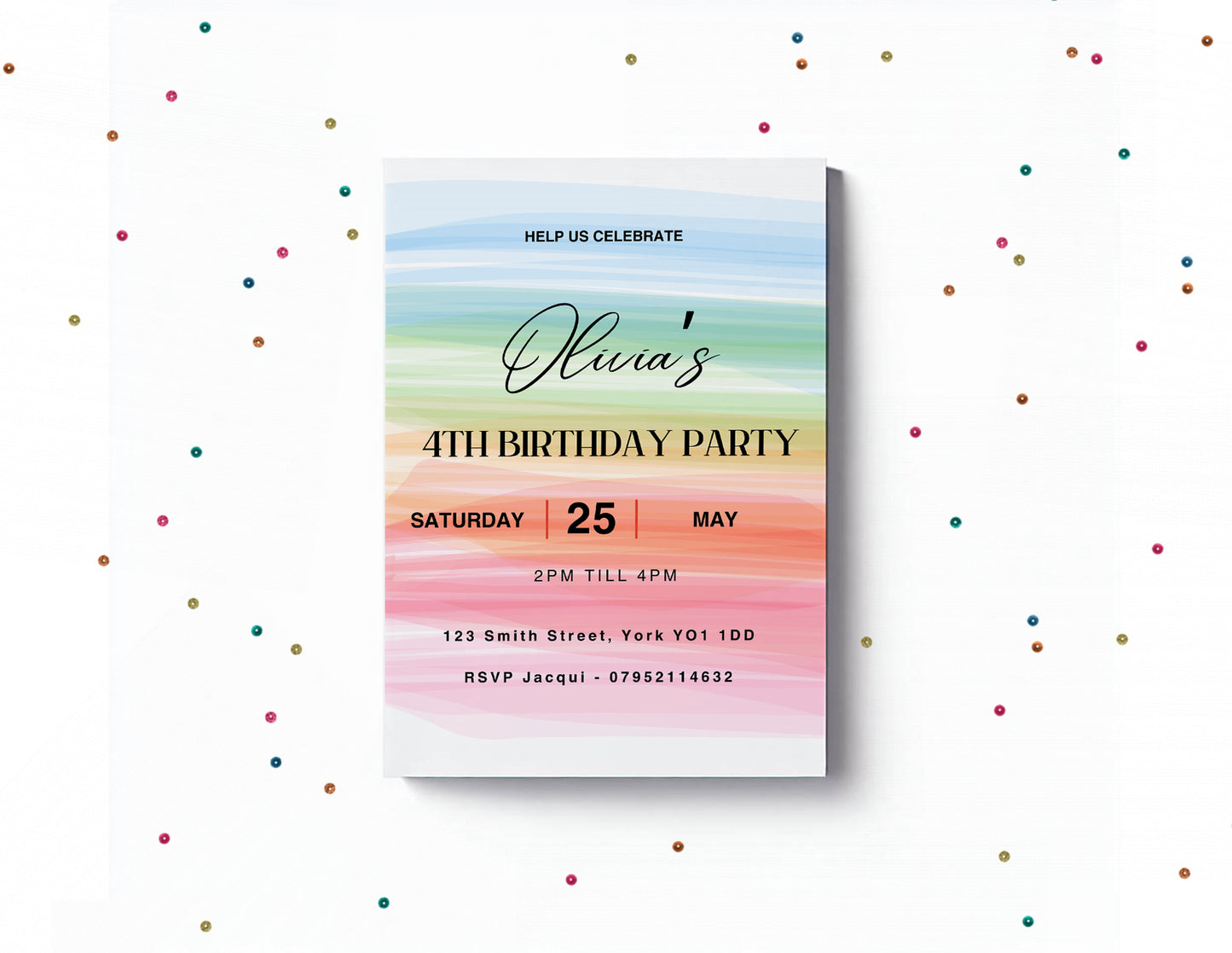 Rainbow pastel  party invitations,  pastel colour  12 personalised invitations  includes envelopes (Copy)