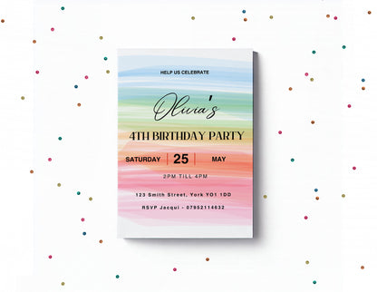 Rainbow pastel  party invitations,  pastel colour  12 personalised invitations  includes envelopes (Copy)