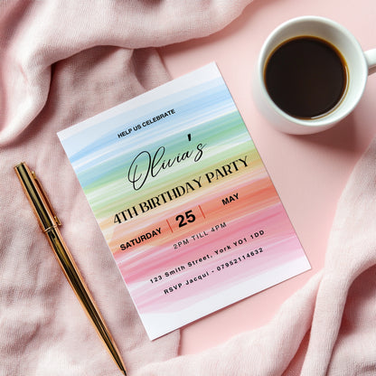 Rainbow pastel  party invitations,  pastel colour  12 personalised invitations  includes envelopes (Copy)