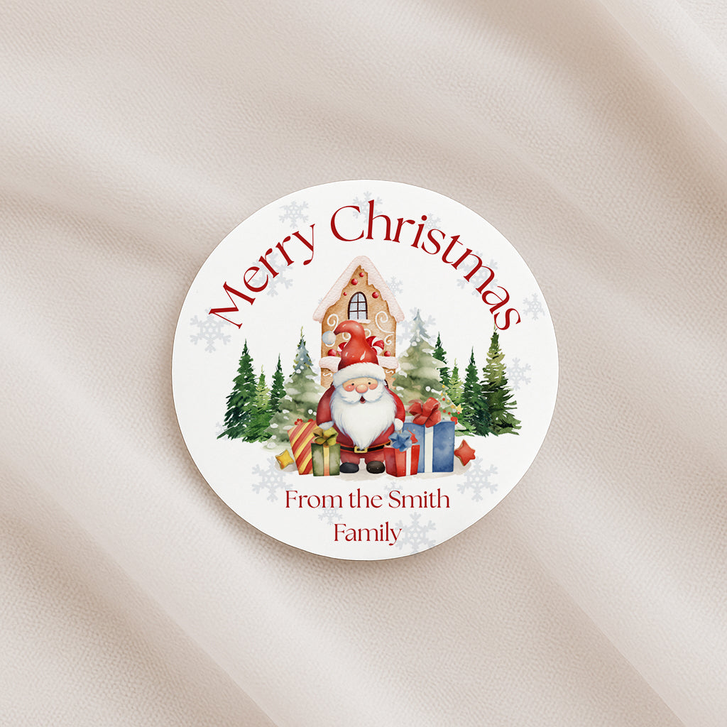 Round Christmas sticker with Santa Claus, presents, and trees on a beige background