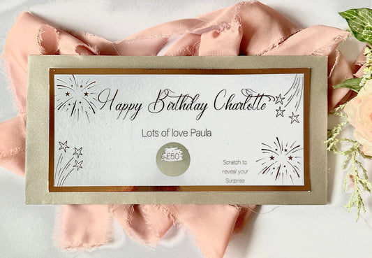 Birthday Surprise Reveal Gift, Golden Ticket, Birthday foiled Scratch Card, Personalised Gift Voucher, Surprise Gift, Gift Ticket