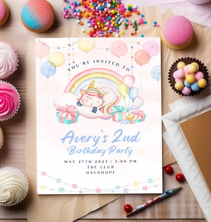 Rainbow birthday party invitations, Unicorn party invites, pastel colour 12 personalised invitations includes envelopes