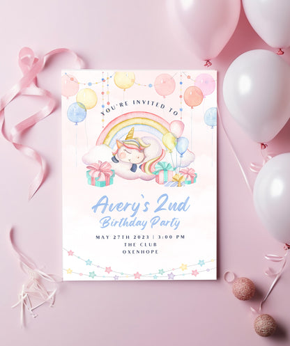 Rainbow birthday party invitations, Unicorn party invites, pastel colour 12 personalised invitations includes envelopes
