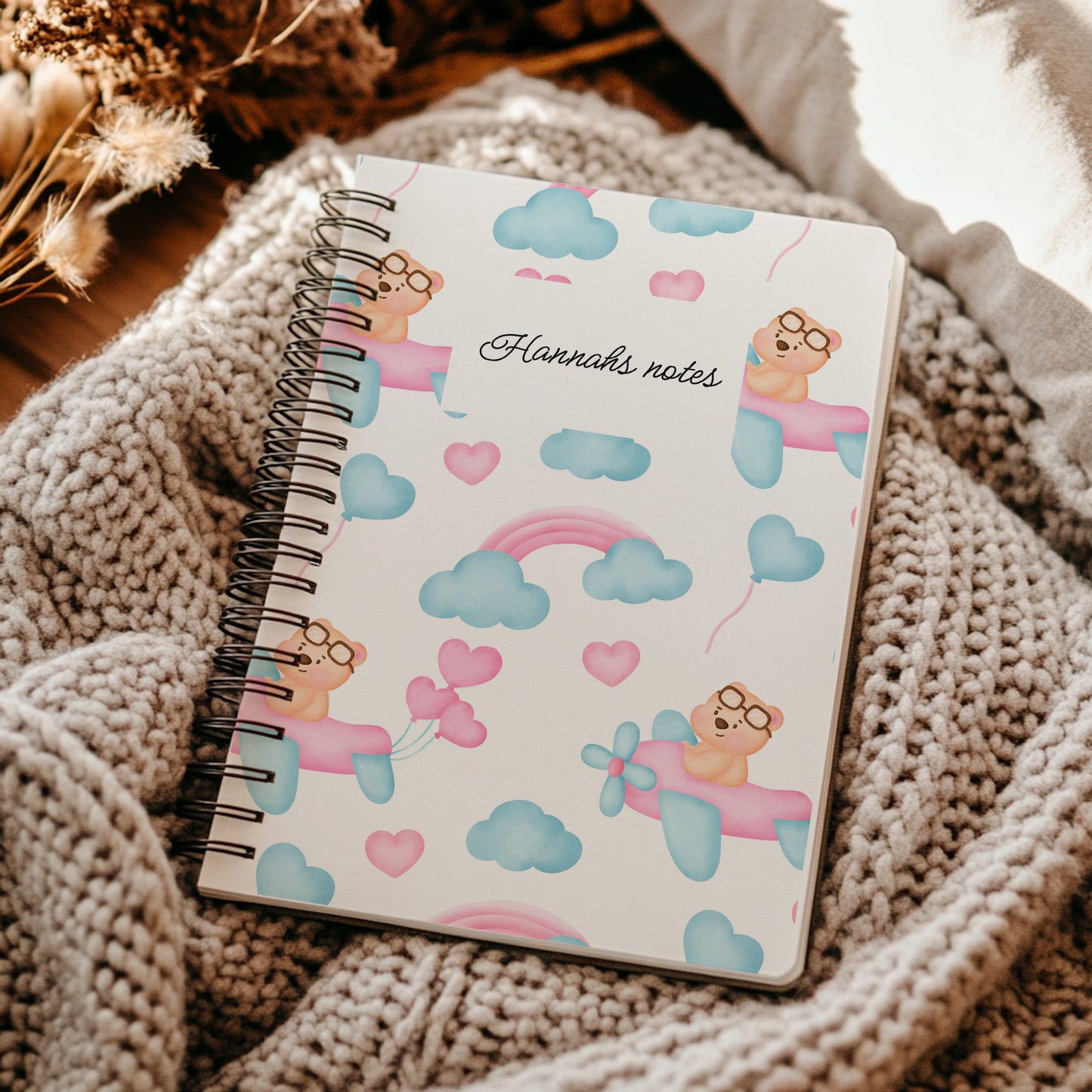 Personalised teddy spiral Notebook, Wire Bound Notepad A5 Hardback