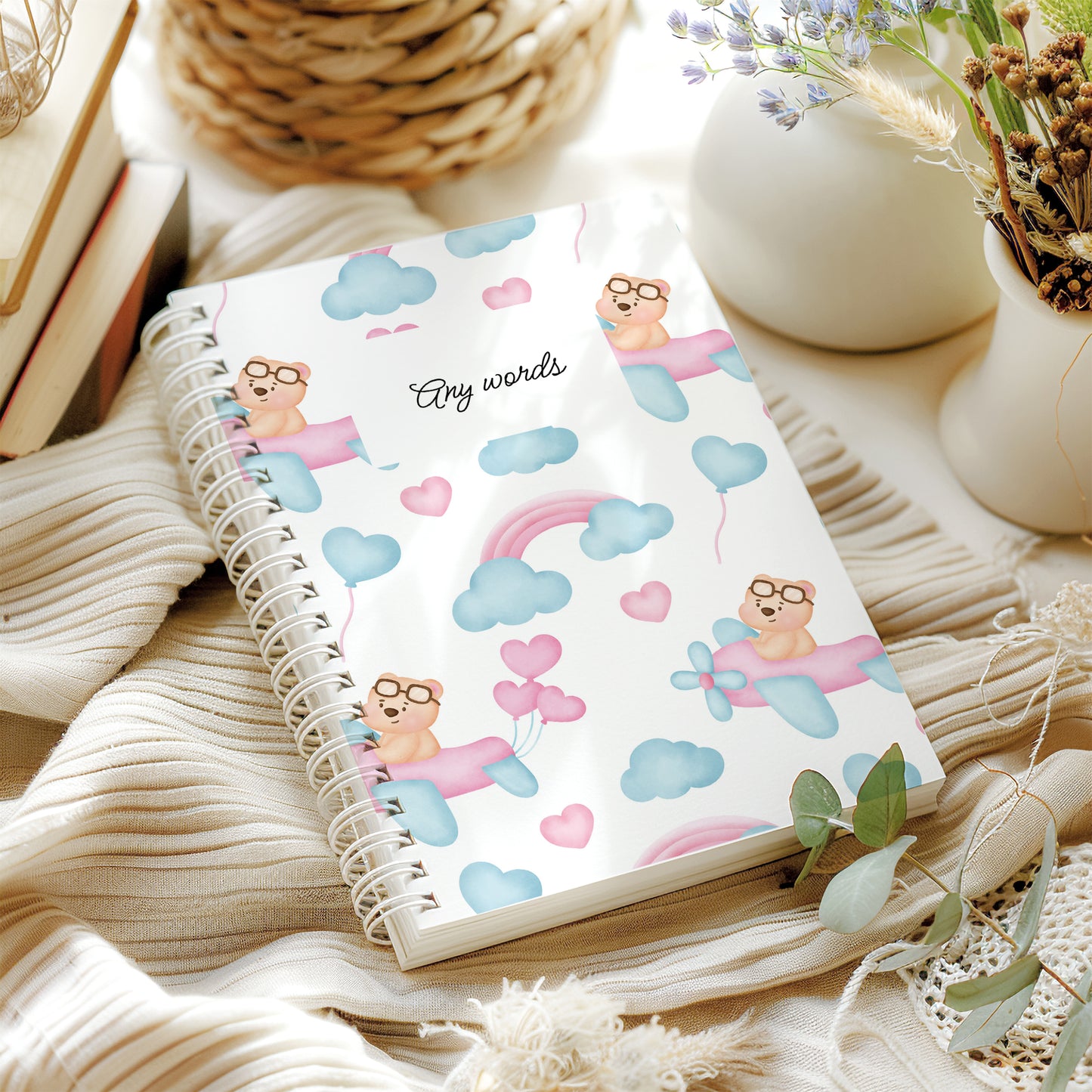 Personalised teddy spiral Notebook, Wire Bound Notepad A5 Hardback