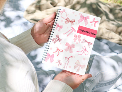 Personalised Notebook, Notepad Wire bound Soft backed, pink bow Spiral Notebook, gifts for her, Gifts for him. A4 or A5