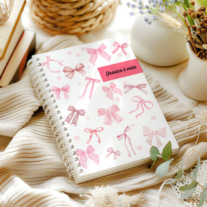 Personalised Notebook, Notepad Wire bound Soft backed, pink bow Spiral Notebook, gifts for her, Gifts for him. A4 or A5