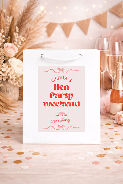 Personalised Hen Party Bag with Sticker, Gift Bag, Bridal Shower, Bridesmaid Favour Bags,  Hen Party & Wedding Favours