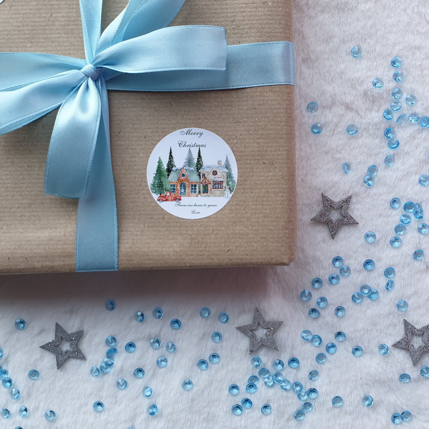 Merry Christmas Personalised Stickers, Christmas wrapping stickers, Envelope Seals, From our house to yours, Winter Scene