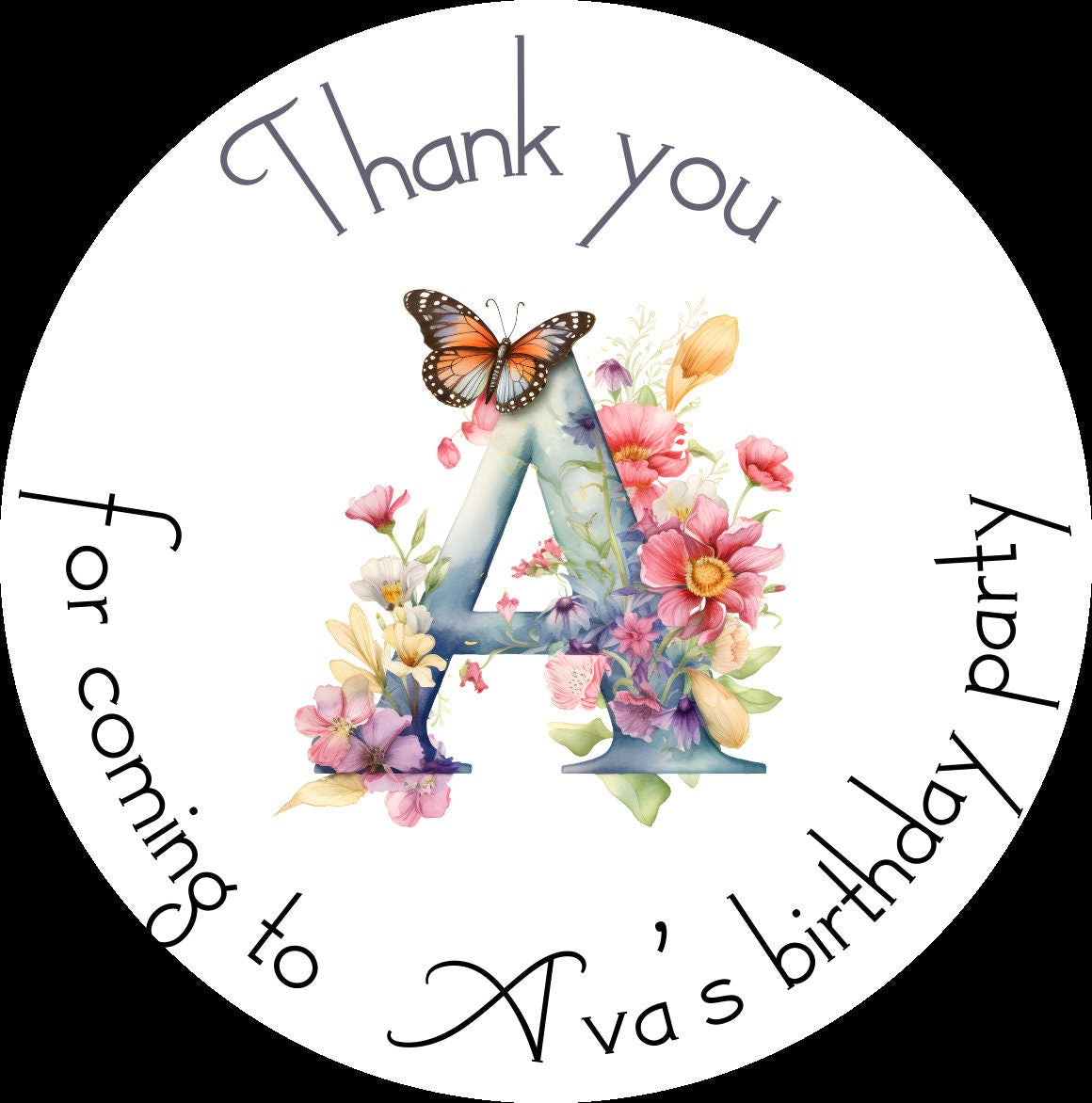 Thank you for coming to my party, Butterfly stickers, Personalised children’s party bag stickers, party cones, three sizes, name stickers
