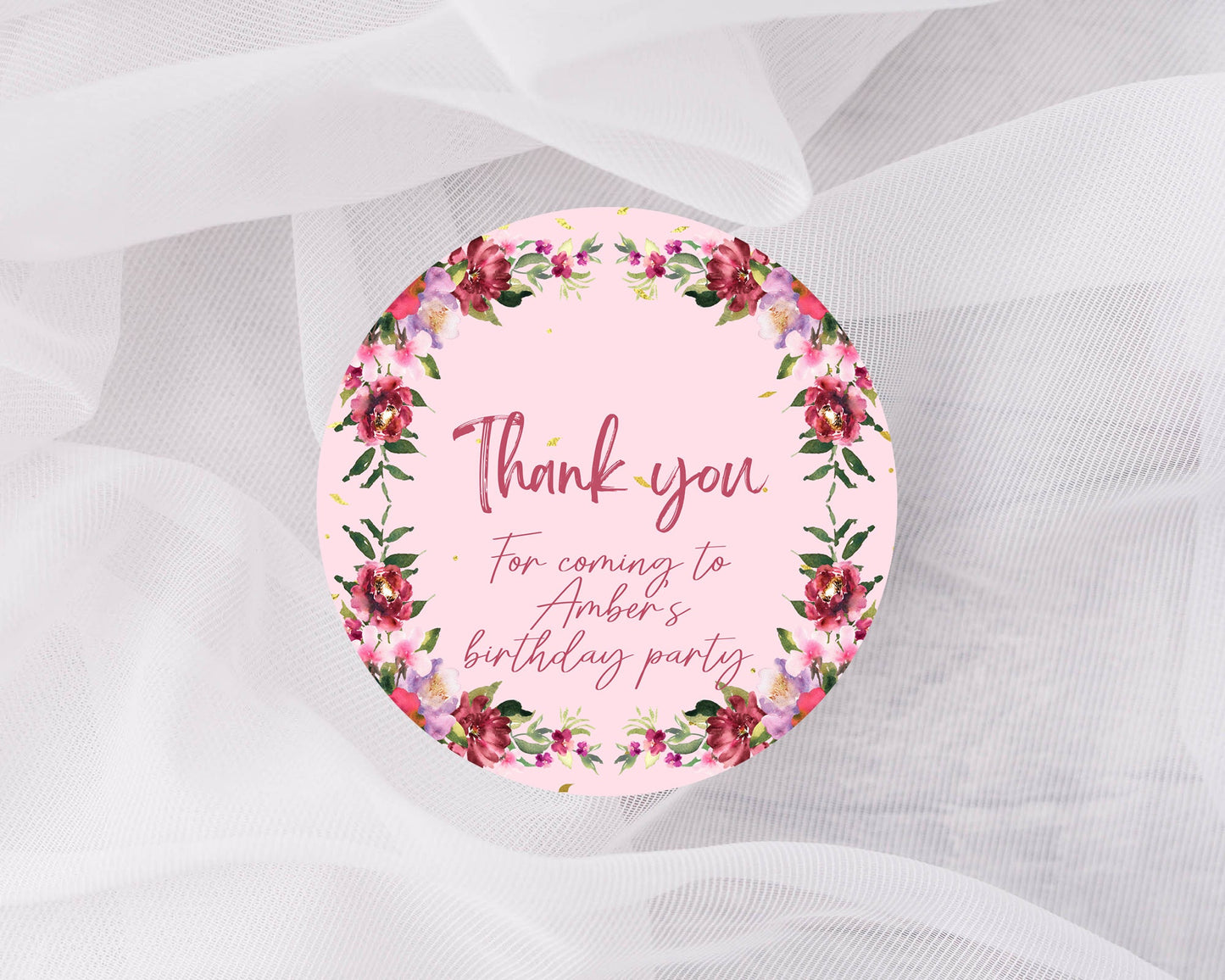 Thank you for coming to my party stickers, Goodie bag stickers, thank you stickers, three sizes, flower sticker, name stickers, pink sticker