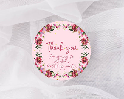 Thank you for coming to my party stickers, Goodie bag stickers, thank you stickers, three sizes, flower sticker, name stickers, pink sticker