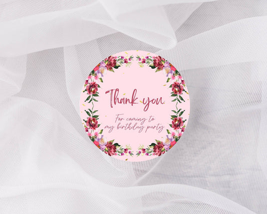Thank you for coming to my party stickers, Goodie bag stickers, thank you stickers, three sizes, flower sticker, name stickers, pink sticker
