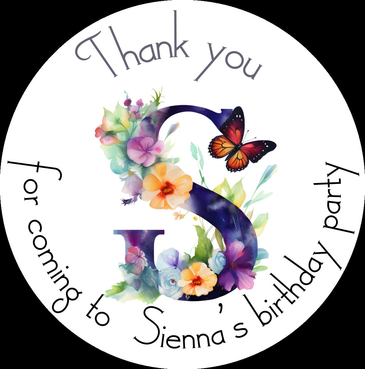 Thank you for coming to my party, Butterfly stickers, Personalised children’s party bag stickers, party cones, three sizes, name stickers