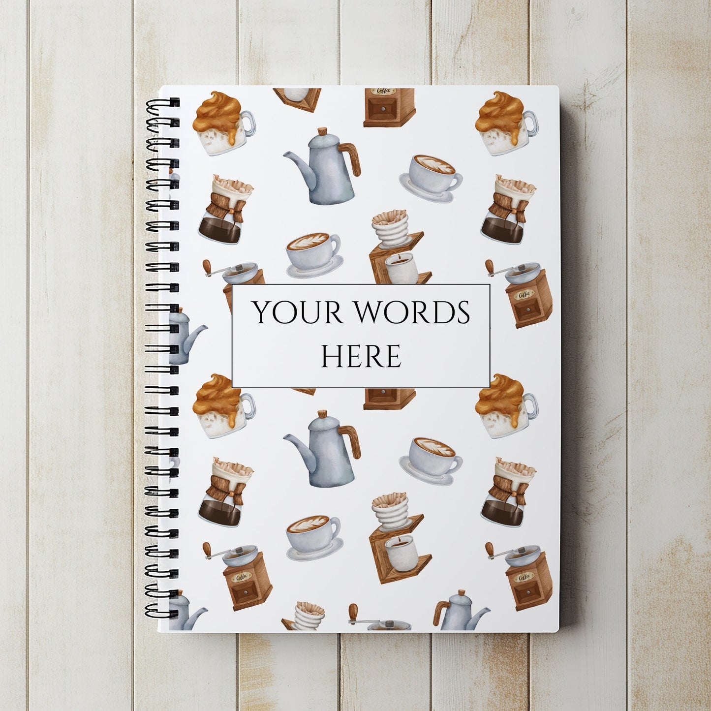 Personalised Notebook, Notepad Wirebound,  Soft backed Coffee themed book, Spiral Notebook, gifts for her, Gifts for him. A4 or A5