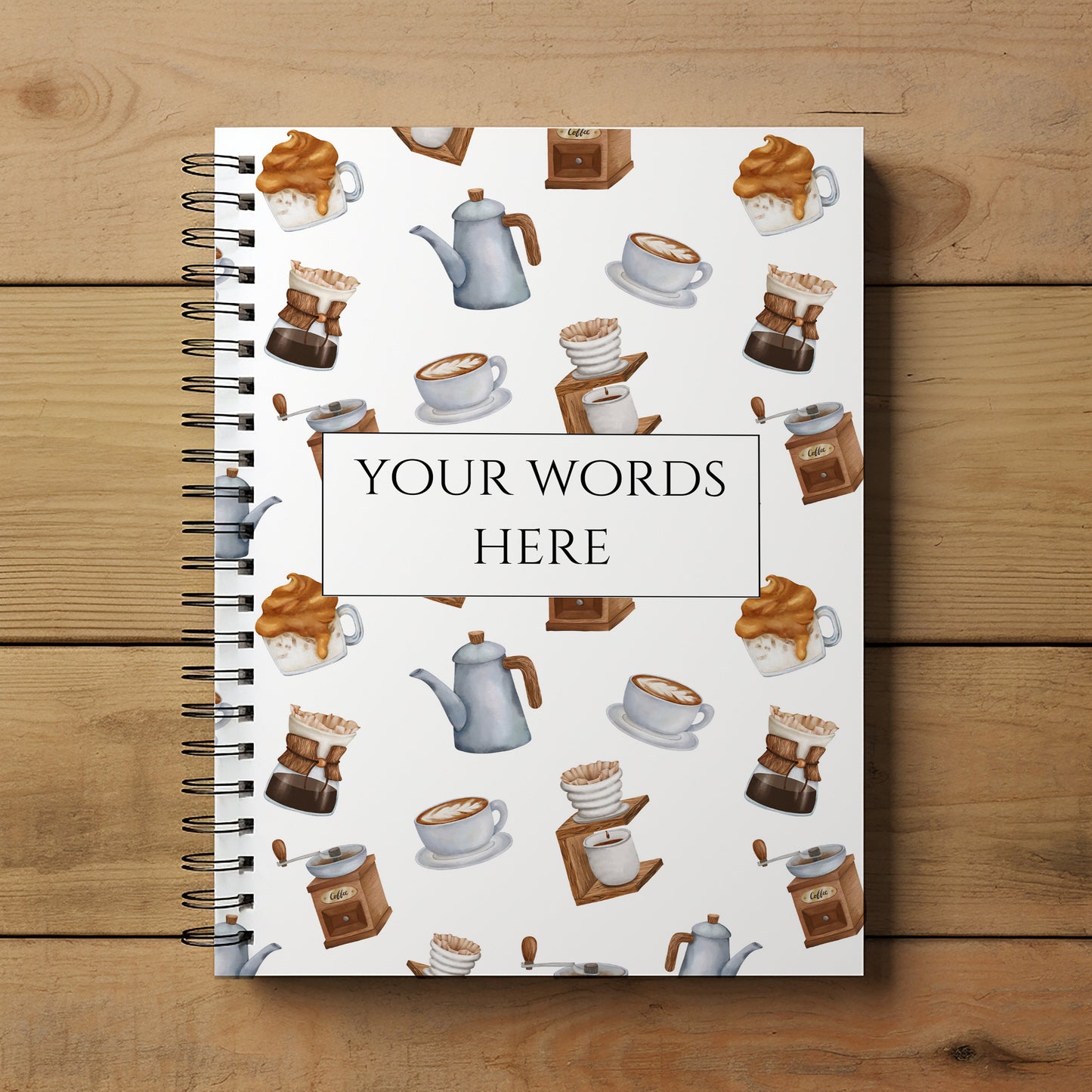 Personalised Notebook, Notepad Wirebound,  Soft backed Coffee themed book, Spiral Notebook, gifts for her, Gifts for him. A4 or A5