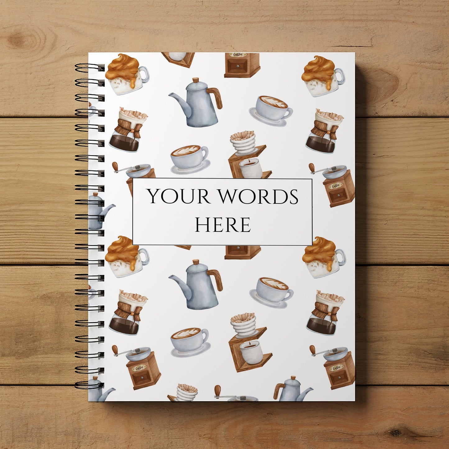 Personalised Notebook, Notepad Wirebound,  Soft backed Coffee themed book, Spiral Notebook, gifts for her, Gifts for him. A4 or A5