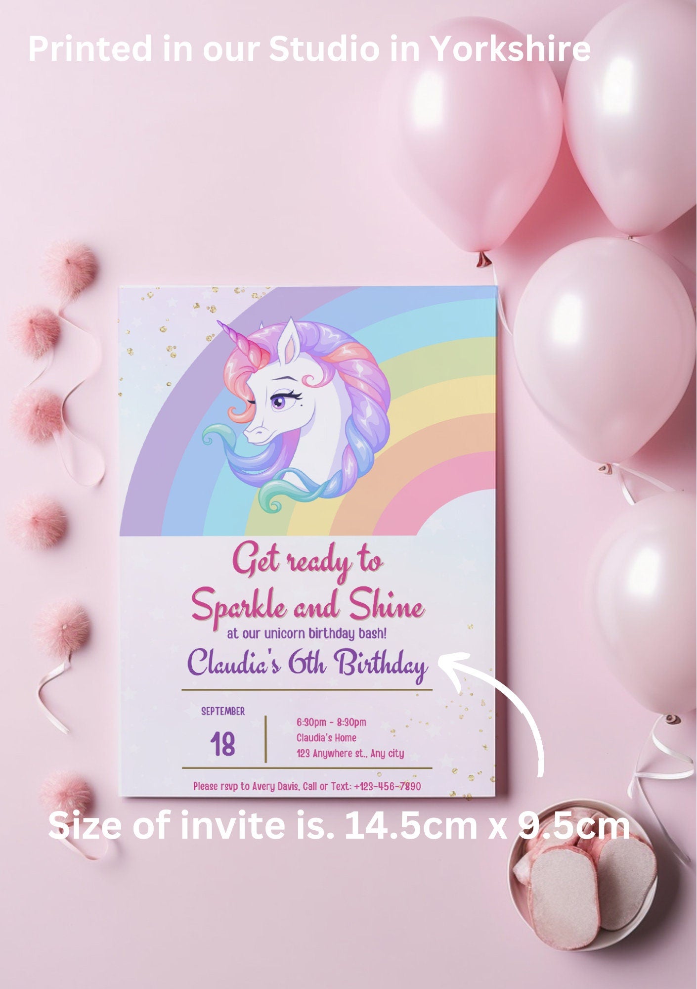 Unicorn party invitations, rainbow invitations, pastel colours, personalised invitations