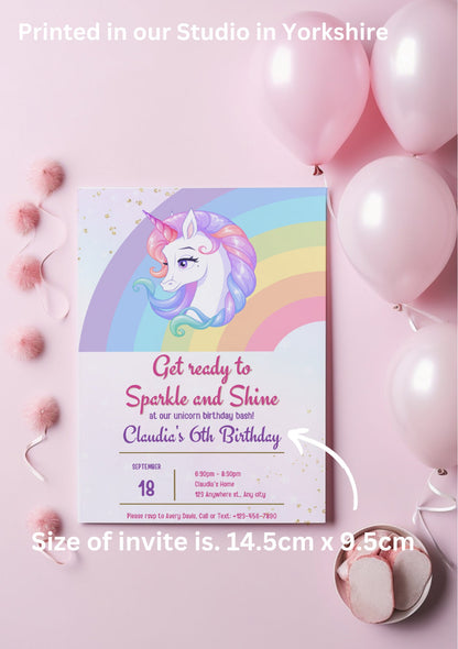 Unicorn party invitations, rainbow invitations, pastel colours, personalised invitations