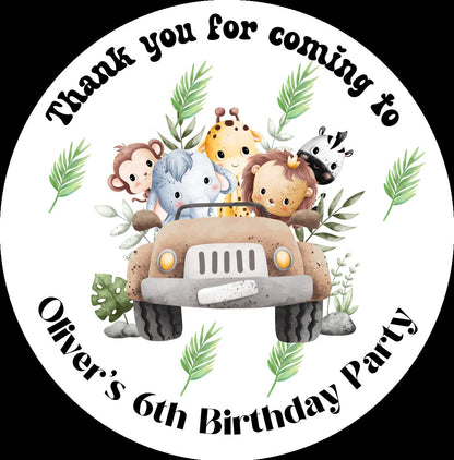 Thank you for coming to my party stickers, jungle safari stickers, Goodie bag stickers, thank you stickers, personalised name stickers