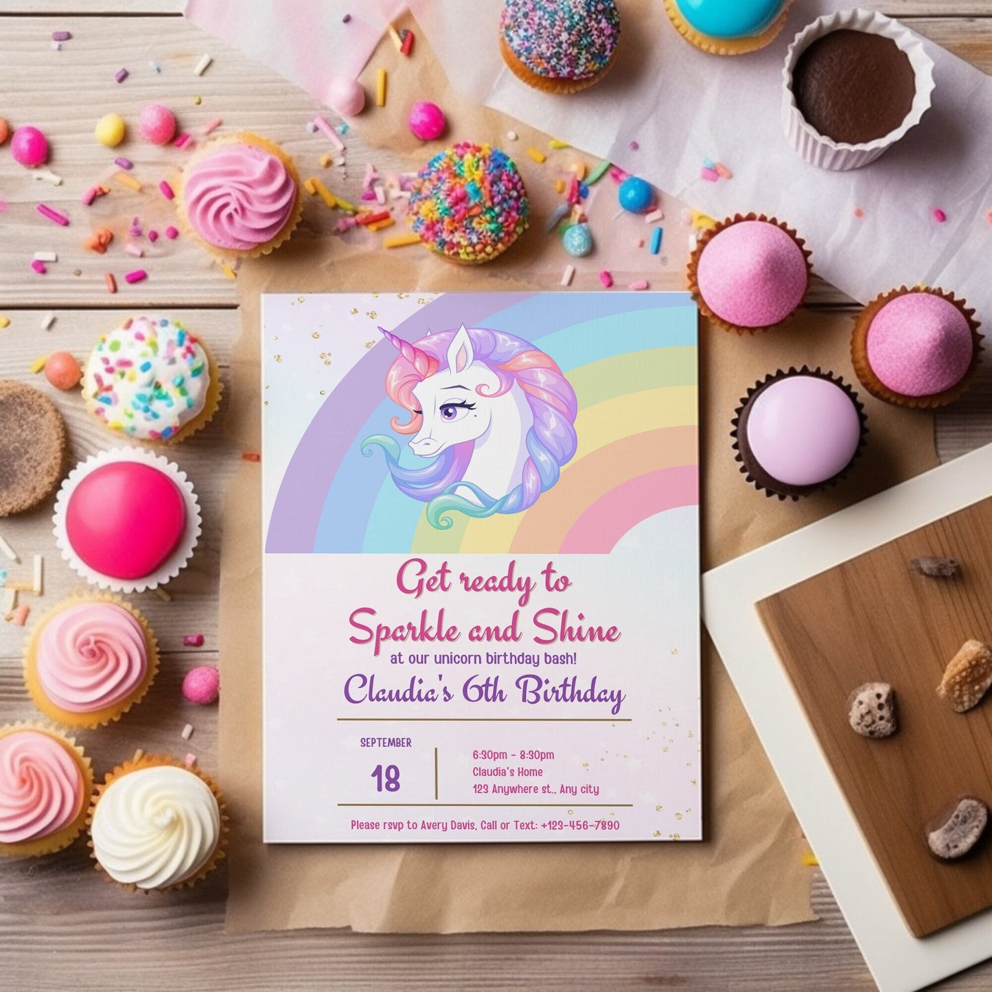 Unicorn party invitations, rainbow invitations, pastel colours, personalised invitations