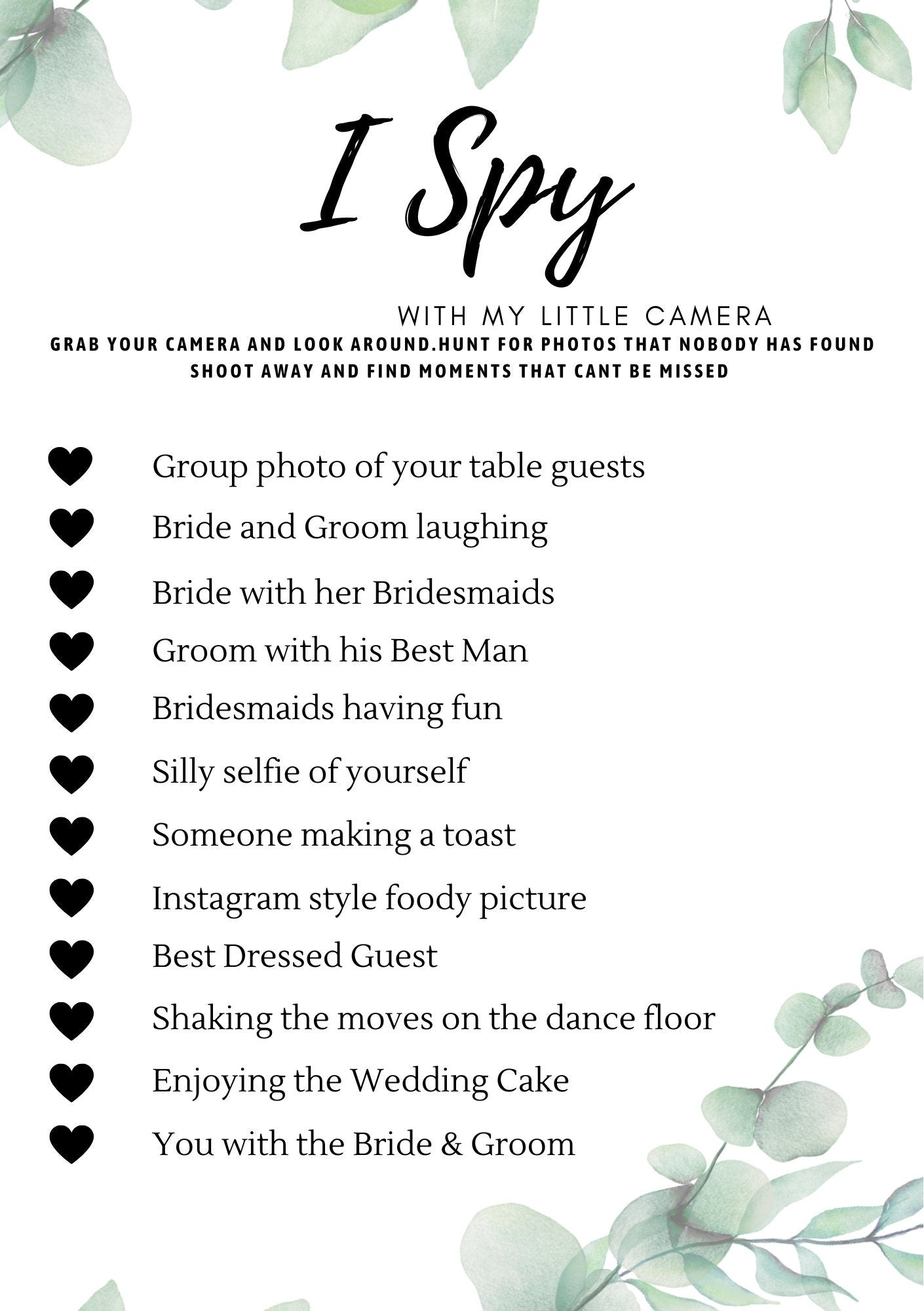 I Spy Wedding Game, Minimalist, Reception Game, Wedding Photo Hunt Game, Wedding Shower Fun Games