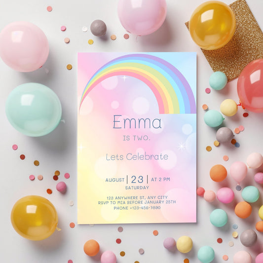 Personalized Rainbow Birthday Party Invitations: Pastel Colors