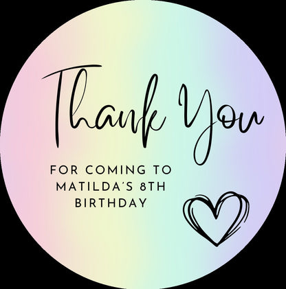 Rainbow pastel stickers, Thank you for coming to my party stickers, Goodie bag stickers, thank you stickers, five sizes, name stickers