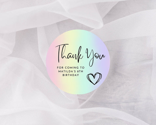 Rainbow pastel stickers, Thank you for coming to my party stickers, Goodie bag stickers, thank you stickers, five sizes, name stickers