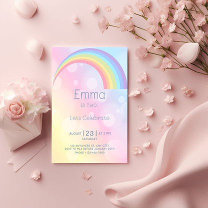 Personalized Rainbow Birthday Party Invitations: Pastel Colors