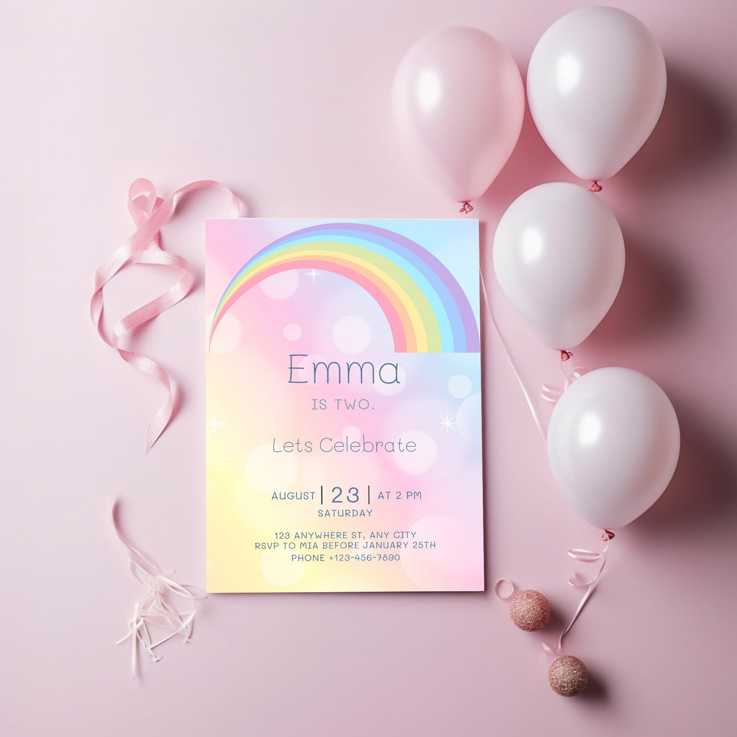 Personalized Rainbow Birthday Party Invitations: Pastel Colors
