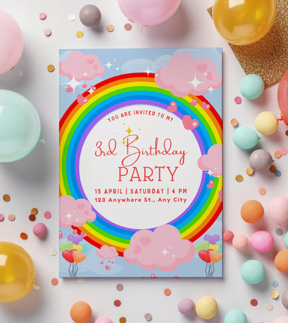 Personalised Rainbow birthday party invitations,  12 personalised invitations  includes envelopes, cloud invitations