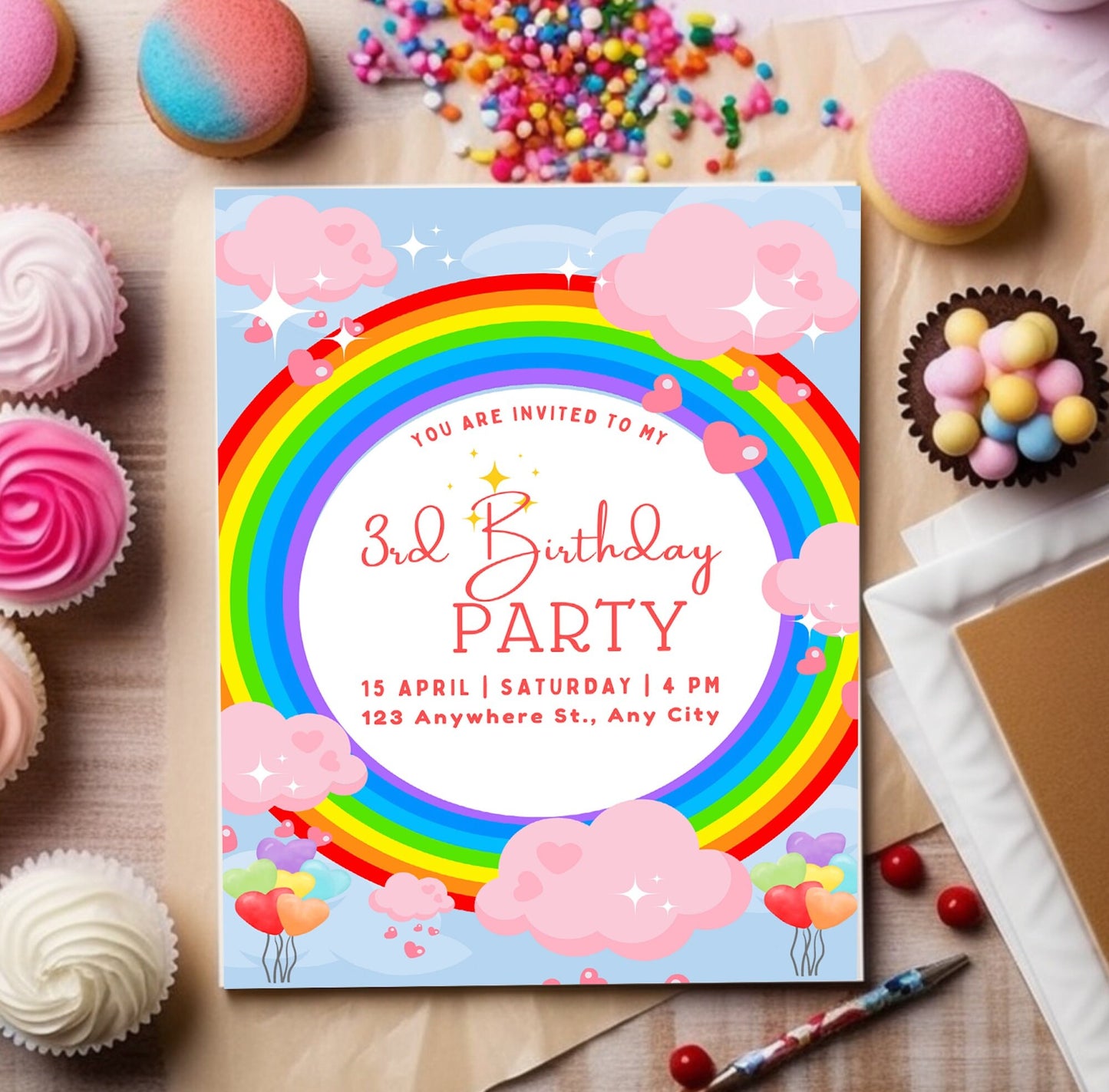 Personalised Rainbow birthday party invitations,  12 personalised invitations  includes envelopes, cloud invitations