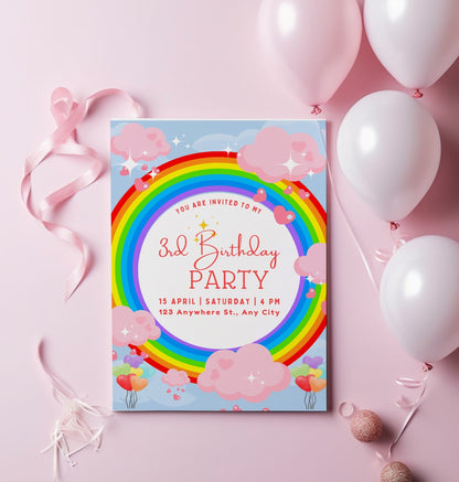 Personalised Rainbow birthday party invitations,  12 personalised invitations  includes envelopes, cloud invitations