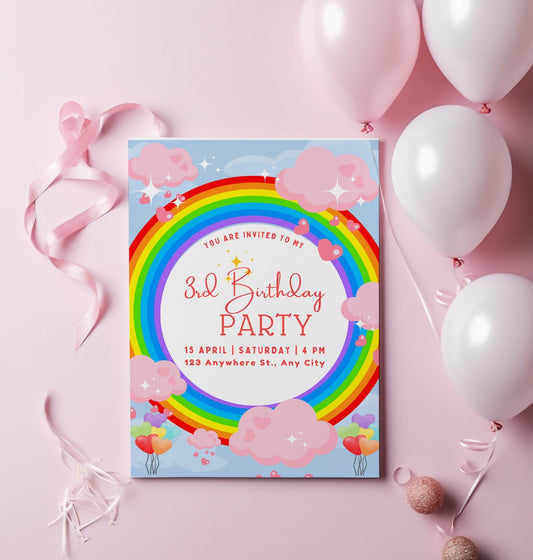 Personalised Rainbow birthday party invitations,  12 personalised invitations  includes envelopes, cloud invitations
