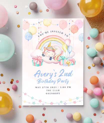 Rainbow party invitations,  Unicorn party invites, pastel colour  12 personalised invitations  includes envelopes