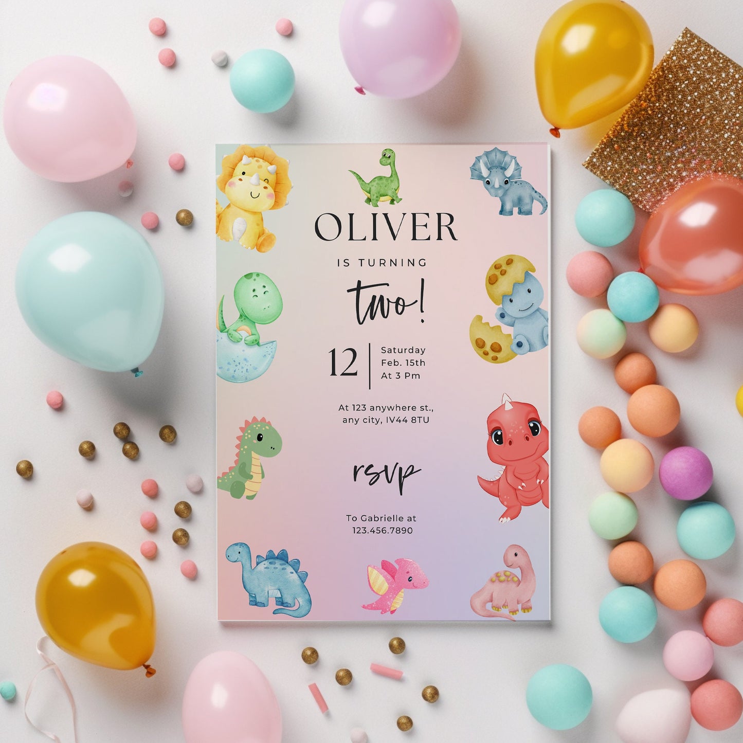 Dinosaur birthday party invitations,  pastel colour  12 personalised invitations  includes envelopes