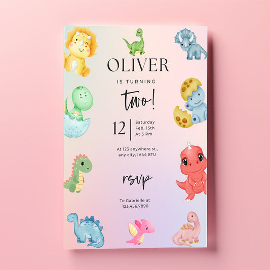 Dinosaur birthday party invitations,  pastel colour  12 personalised invitations  includes envelopes