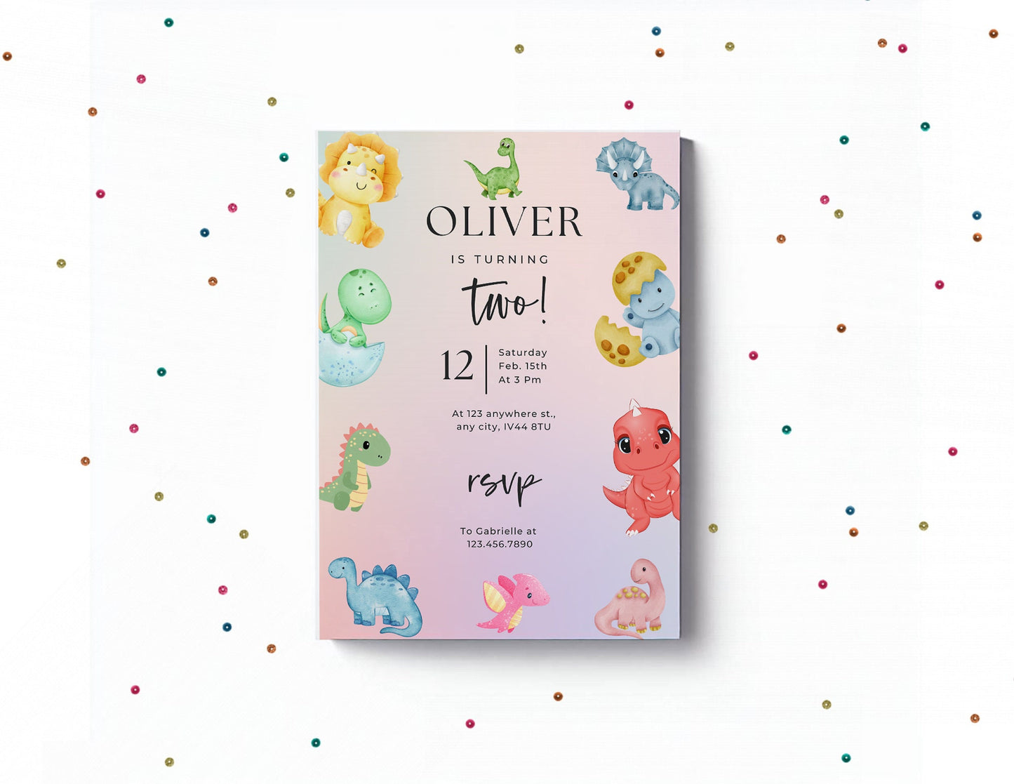 Dinosaur birthday party invitations,  pastel colour  12 personalised invitations  includes envelopes