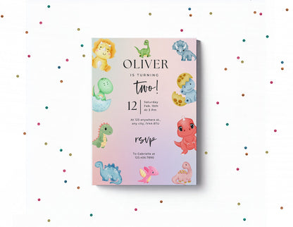 Dinosaur birthday party invitations,  pastel colour  12 personalised invitations  includes envelopes