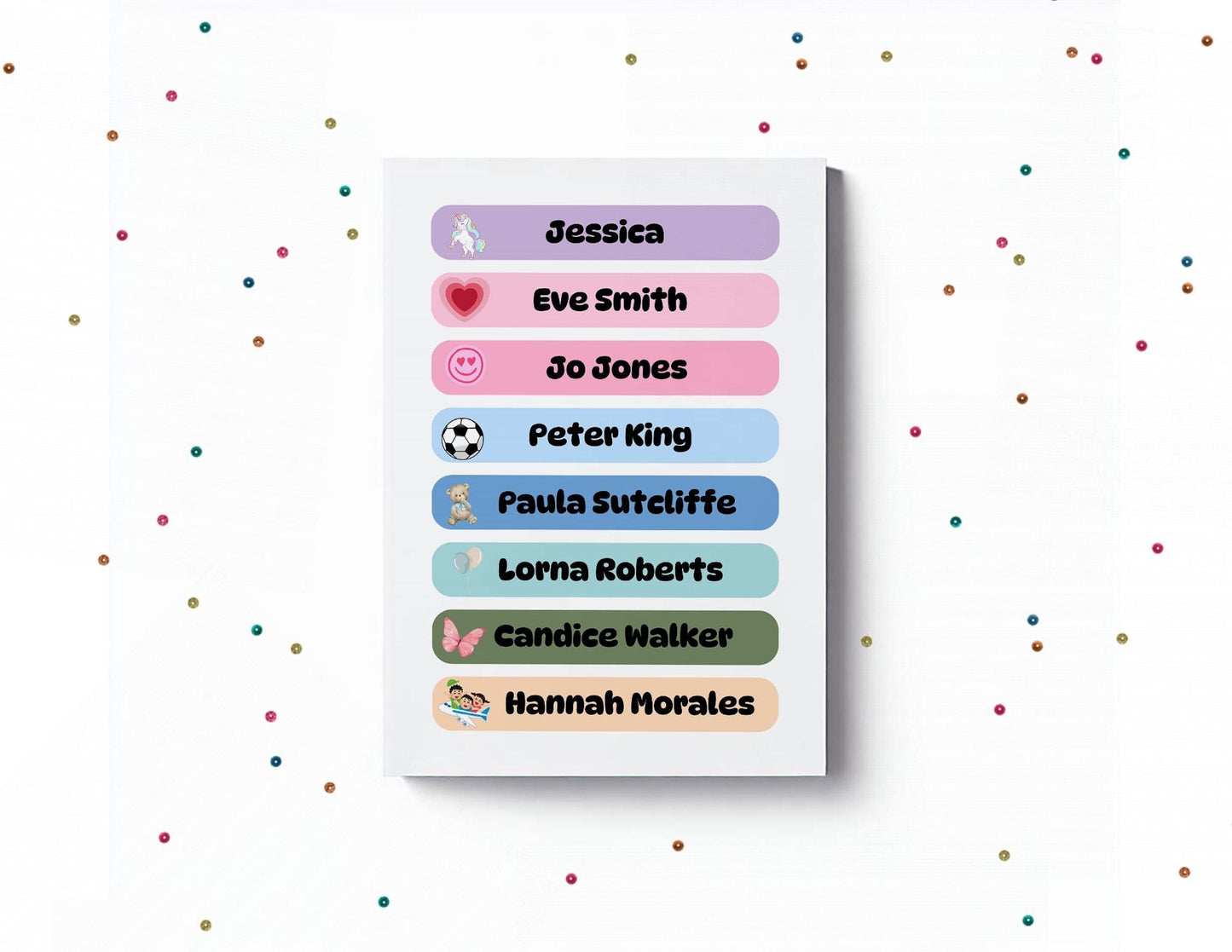 name label stickers, personalised stickers , sticker colours, for lunch boxes, water bottles, kids school, Splash proof labels, 27 stickers