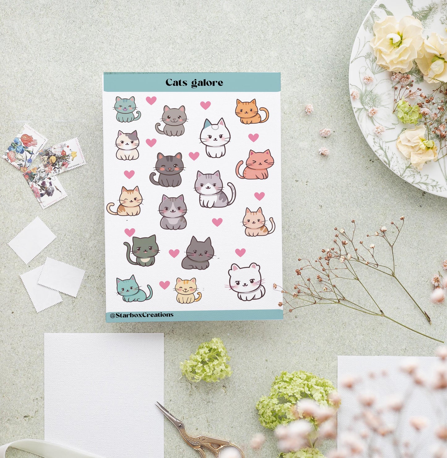 Cat Sticker Sheet,  Cute Kawaii Stickers for Journaling, Planner, Scrapbook & Gifts,  A5 size