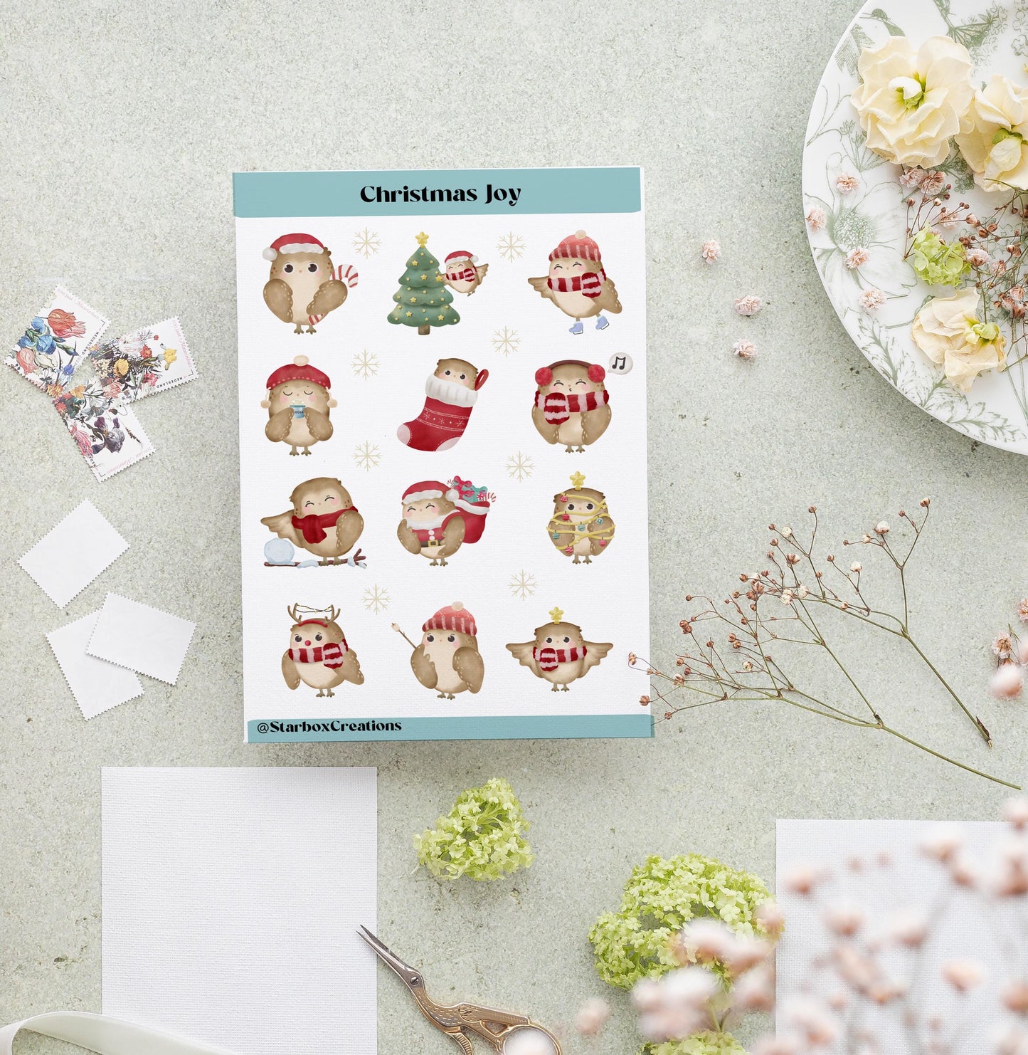 Christmas Owl Sticker Sheet, bullet Journal Stickers, Planner Stickers, Scrapbook Stickers, Christmas stickers, junk journaling, owl Sticker