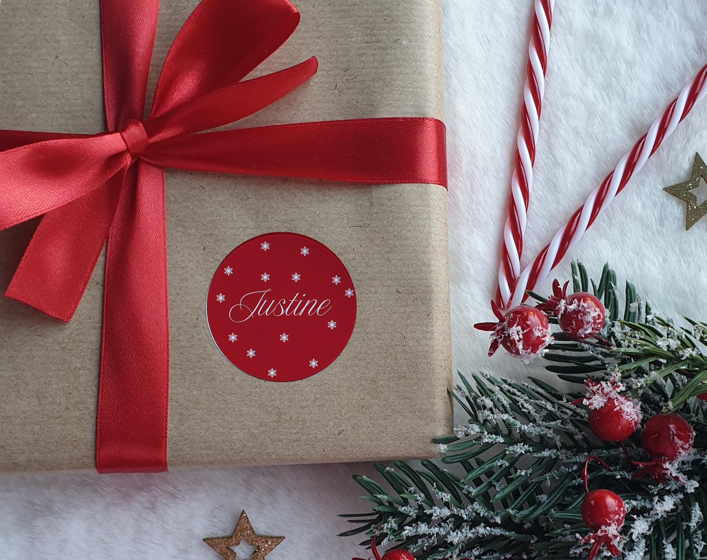 Personalised Christmas Name Sticker, Christmas Red Gloss sticker, 3 sizes, Perfect for Cards, Gift Wrapping etc