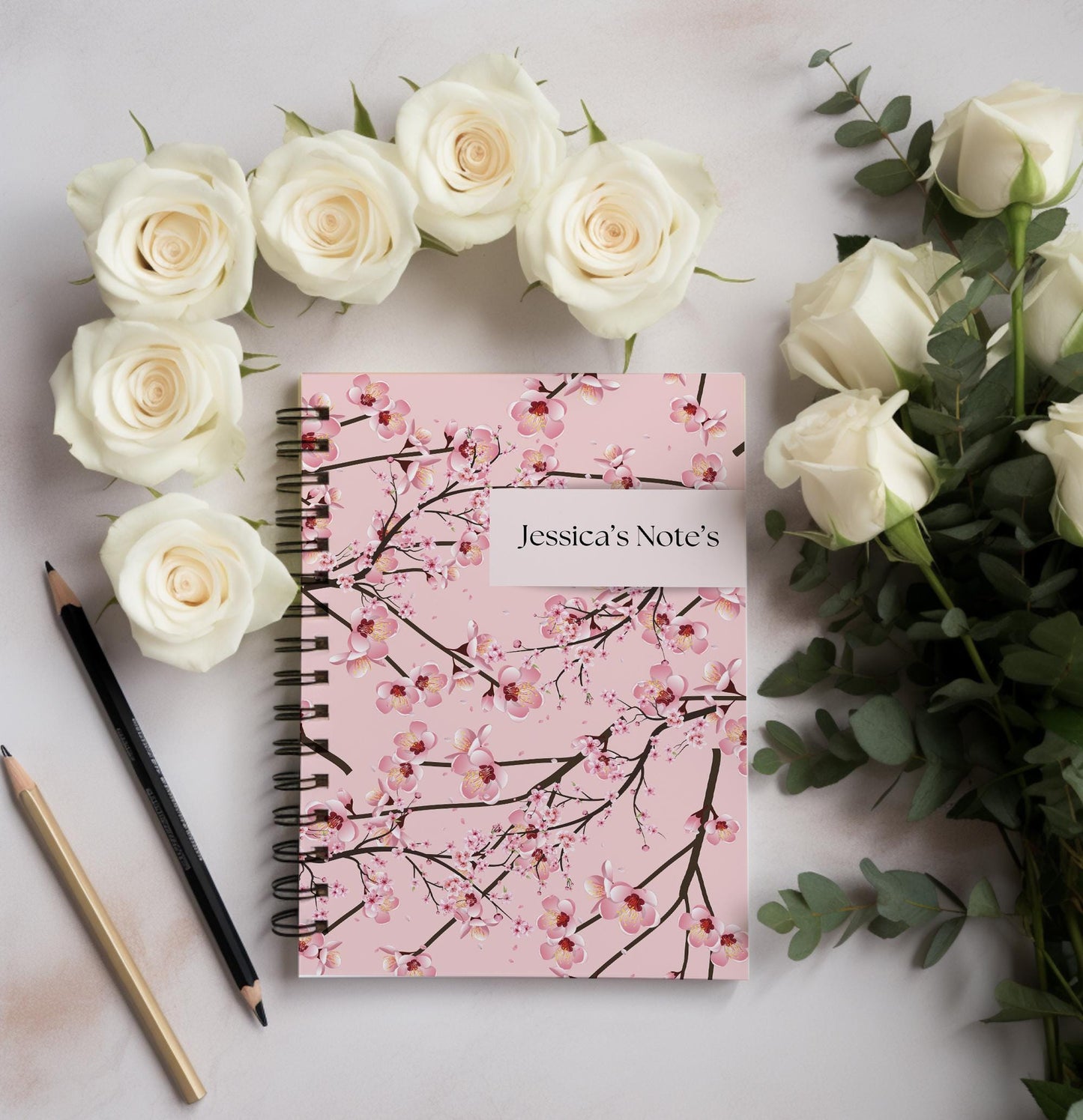 Personalised Notebook, Cherry blossom notebook, Notepad Wire bound Soft backed, Spiral Notebook, Christmas Gifts,  A4 or A5